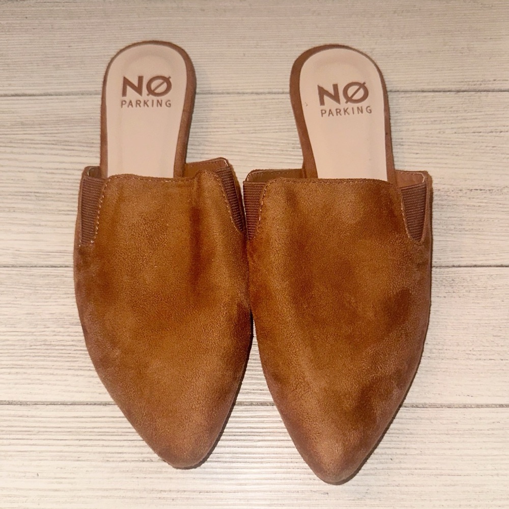 No Parking tan suede mules